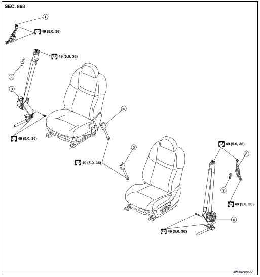Nissan Rogue Service Manual Front seat belt Removal and installation Seat Belt Restraints